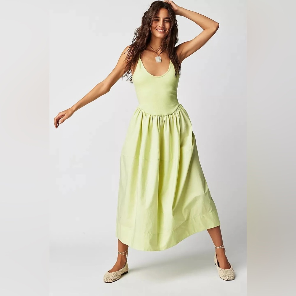 NWOT Free People Dylan Midi Dress "Lightning Bolt" Green - Picture 4 of 5